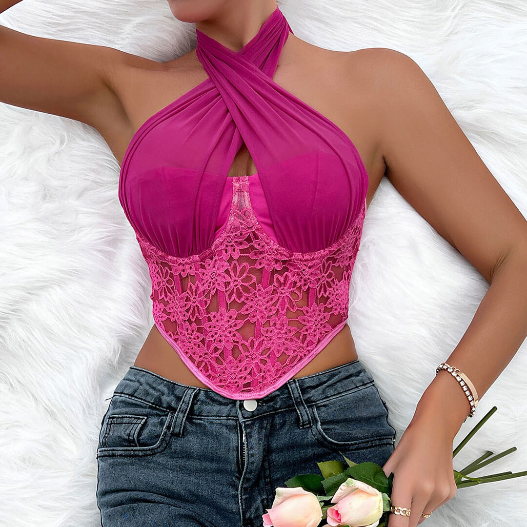 Haut corset court en maille fleurie avec col licou croisé - Rose