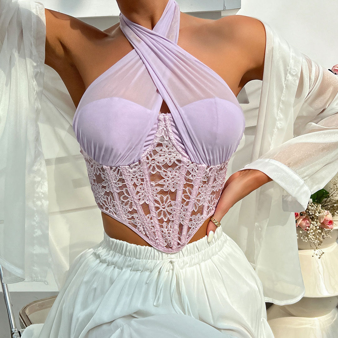 Haut corset court en maille fleurie avec col licou croisé - Violet