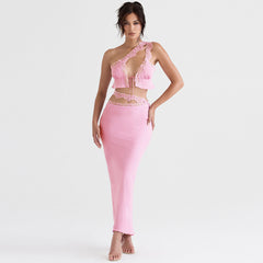 Cutout High Waist Side Zipper Satin Lace Trim Maxi Skirt - Pink