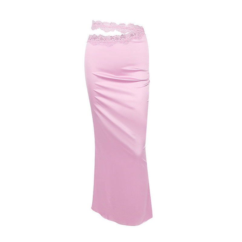 Maxirock Aus Satin Mit Spitzenbesatz Und Hoher Taille Und Seitlichem Reißverschluss - Rosa