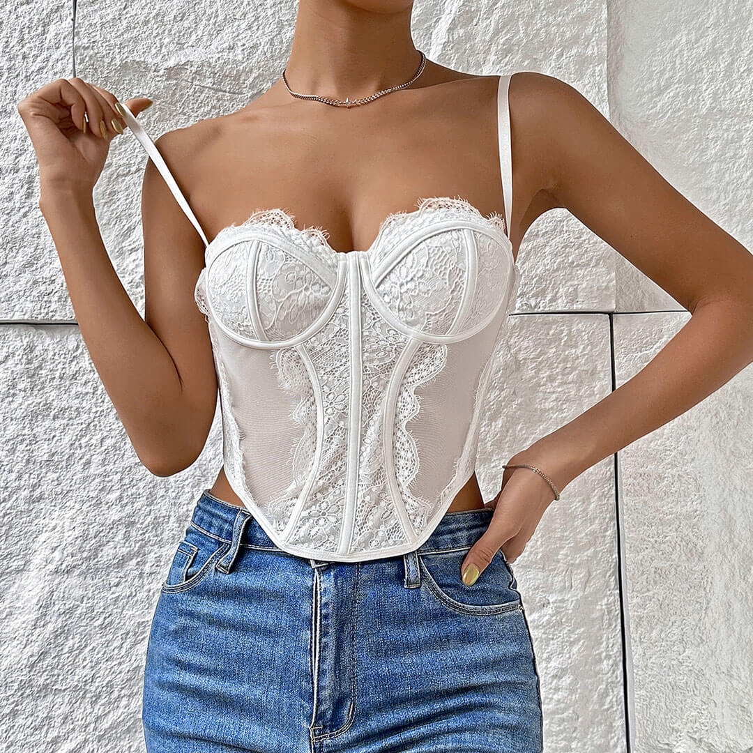 Bustier à armatures en dentelle à cils et débardeur en maille transparente - Blanc