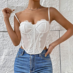 Bustier mit Bügel aus Wimpernspitze und transparentem Netzstoff, Korsett-Tanktop - Weiß