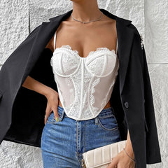 Bustier mit Bügel aus Wimpernspitze und transparentem Netzstoff, Korsett-Tanktop - Weiß