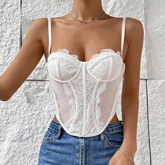 Bustier à armatures en dentelle à cils et débardeur en maille transparente - Blanc