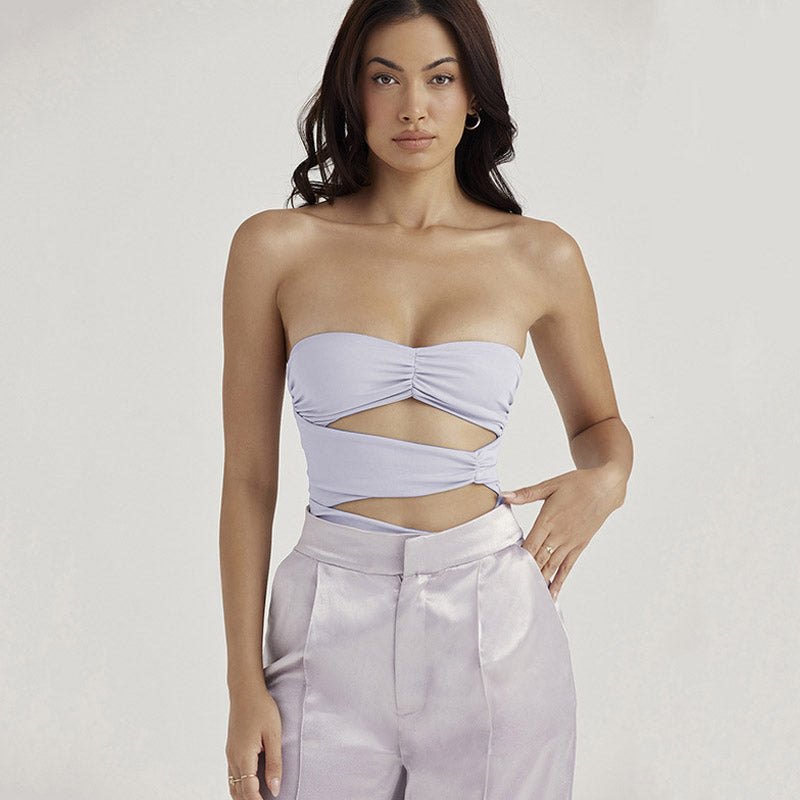 Rosette Trim Mesh Ruched Cutout Tube Bodysuit - Purple