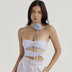 Rosette Trim Mesh Ruched Cutout Tube Bodysuit - Purple