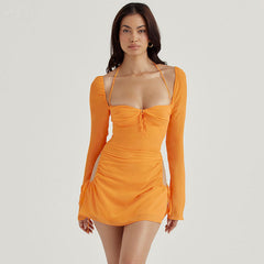 Robe mini club à bretelles nouées et à découpes froncées - Orange