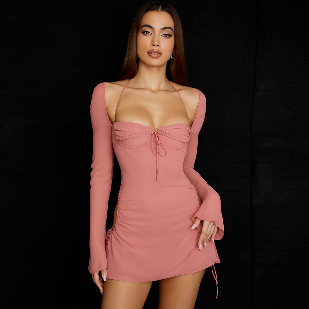 Robe mini club à bretelles nouées et à découpes froncées - Rose