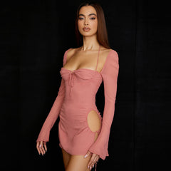 Neckholder-Club-Minikleid mit Bindebändern und Rüschen und Cut-Out - Pink