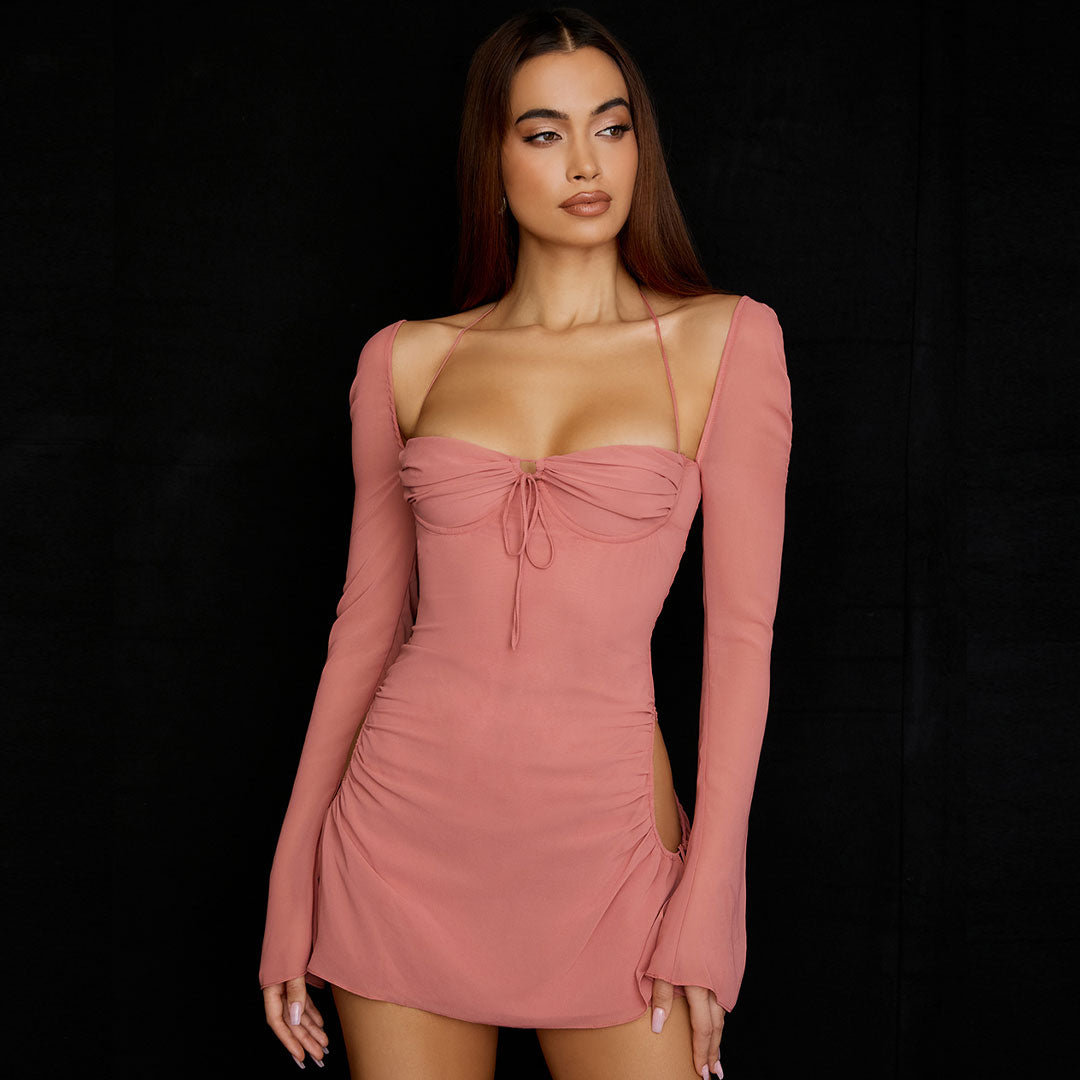 Halter Tie Strap Ruched Cut Out Club Mini Dress - Pink