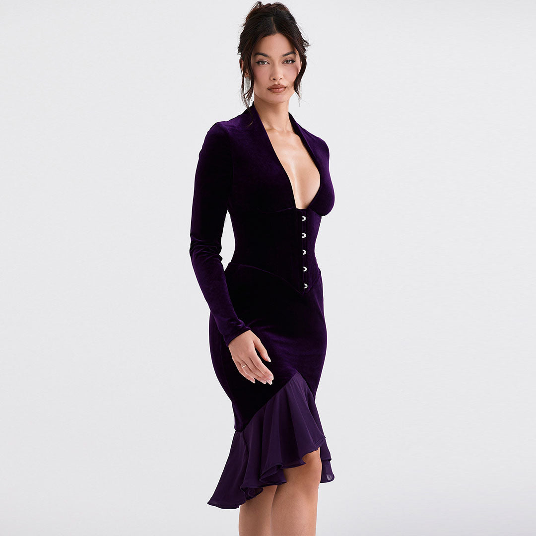 High Low Mesh Panel Ruffle Hem Long Sleeve Velvet Mini Dress - Purple