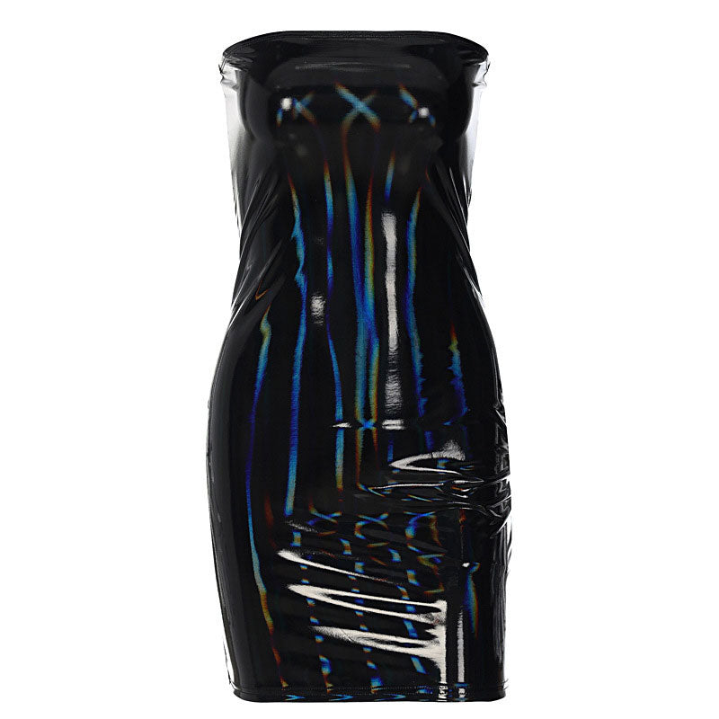 Latex Einfarbig Trägerloses Bodycon Party Minikleid - Schwarz