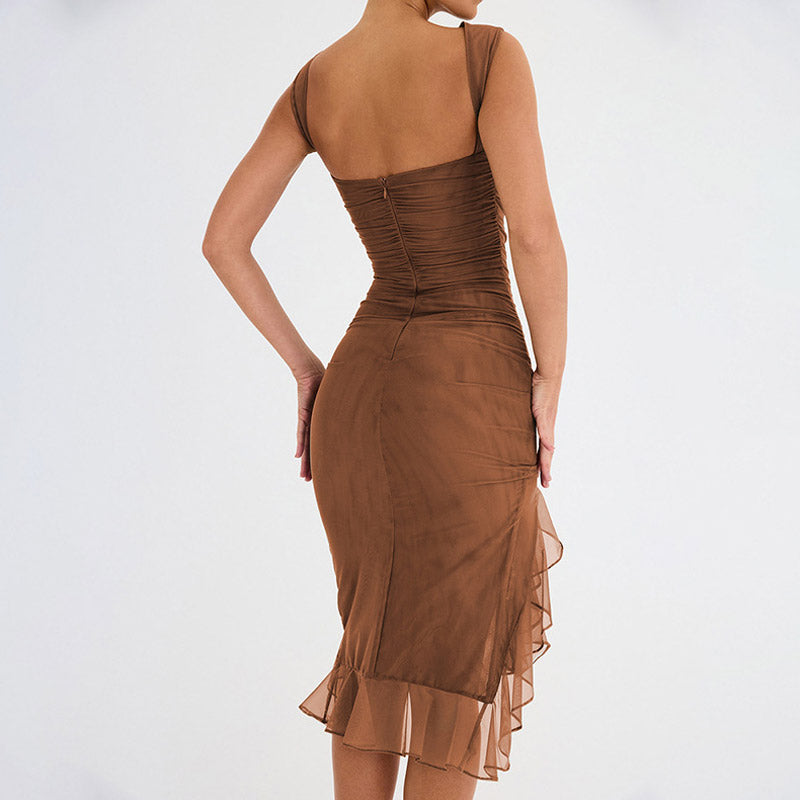 Mesh Ruched Crew Neck Sleeveless Bodycon Ruffle Cocktail Midi Dress - Brown