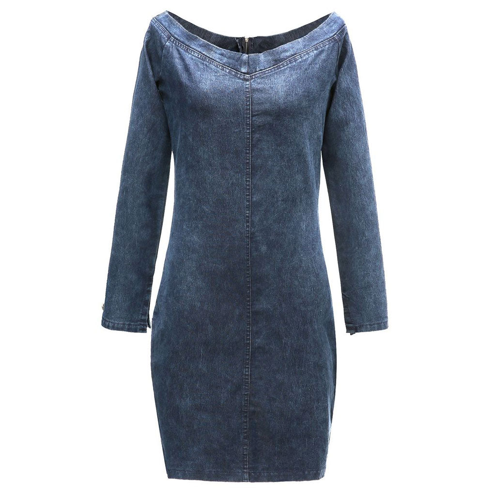 Robe courte moulante en jean à épaules dénudées et manches longues - Bleu