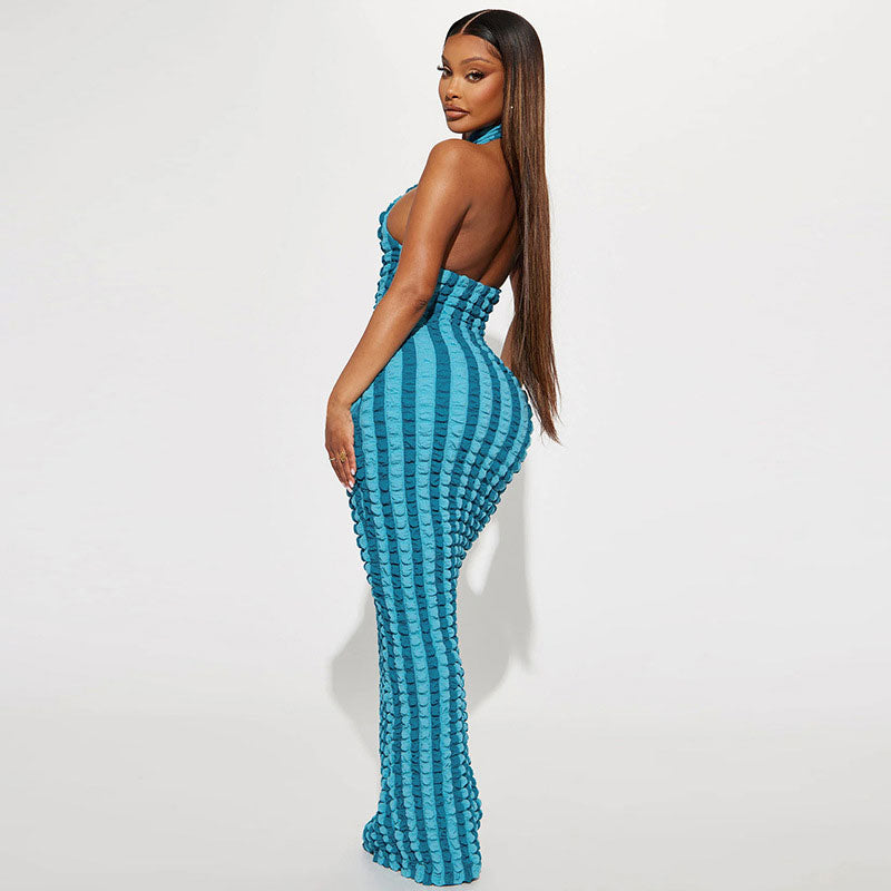 Popcorn Striped High Neck Sleeveless Bodycon Maxi Dress - Blue