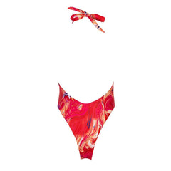 Maillot de bain une pièce imprimé à taille haute et dos nu découpé - Rouge