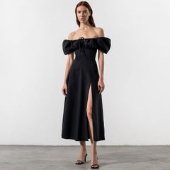 Robe d'été mi-longue à manches bouffantes et à épaules dénudées - Noir