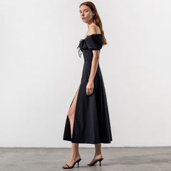 Robe d'été mi-longue à manches bouffantes et à épaules dénudées - Noir