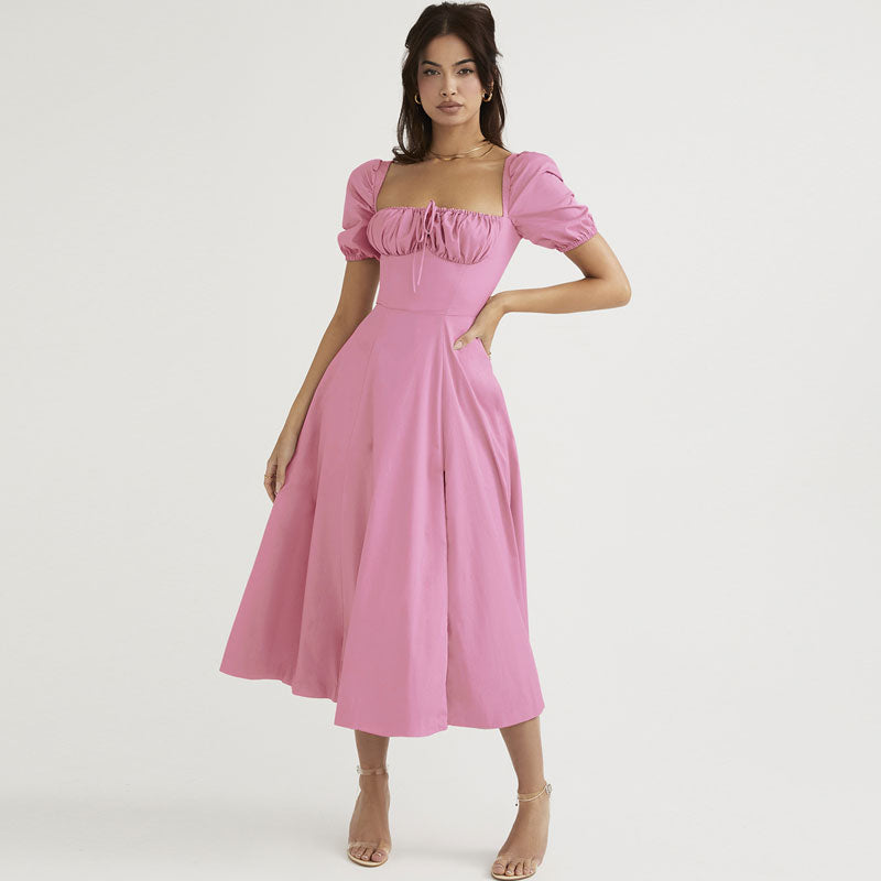 Robe d'été mi-longue à manches bouffantes et à épaules dénudées - Rose