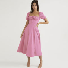 Puff Sleeve Tie Front High Split Off Shoulder Midi Sundress - Pink