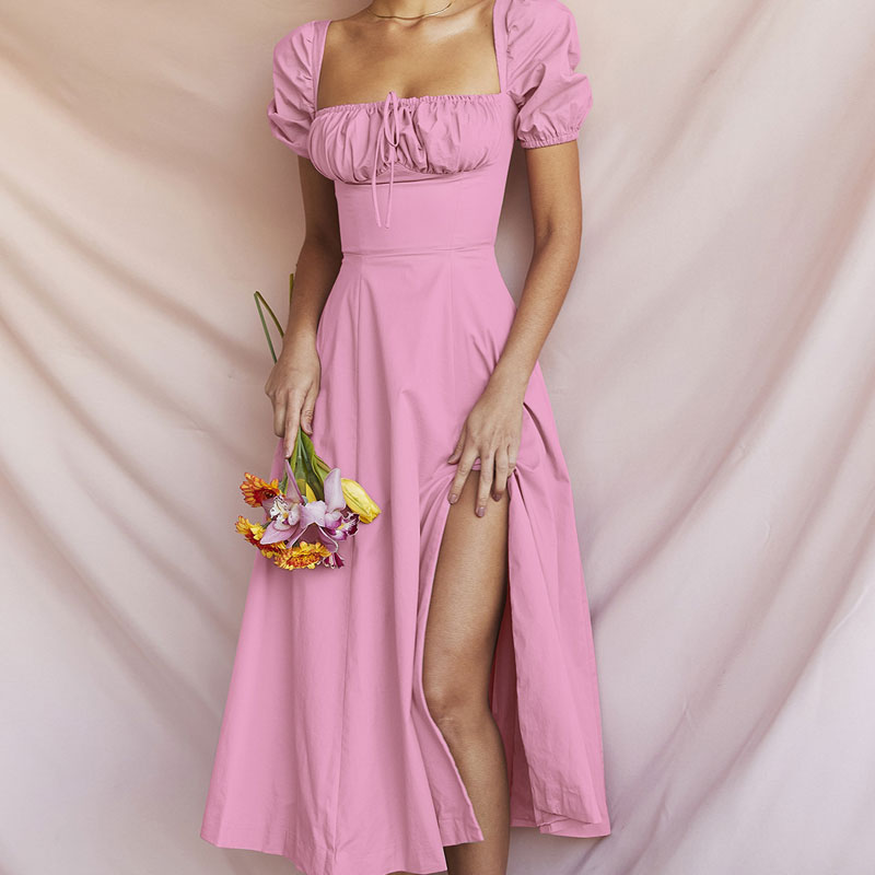 Robe d'été mi-longue à manches bouffantes et à épaules dénudées - Rose