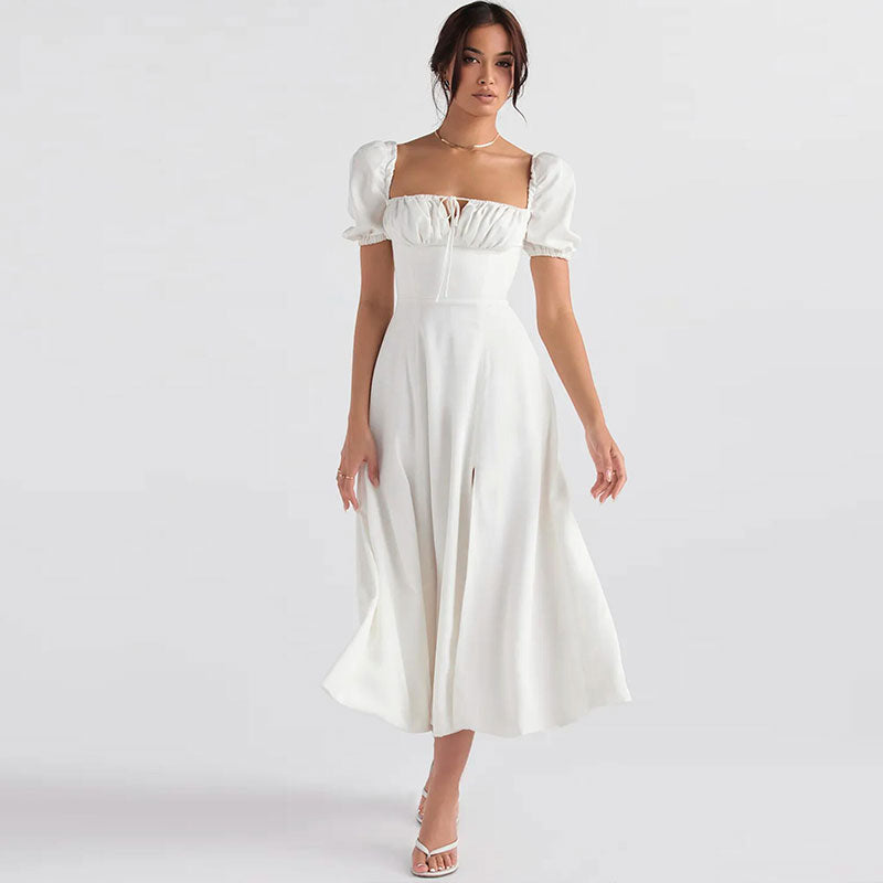 Robe d'été mi-longue à manches bouffantes et à épaules dénudées - Blanc