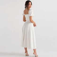 Robe d'été mi-longue à manches bouffantes et à épaules dénudées - Blanc