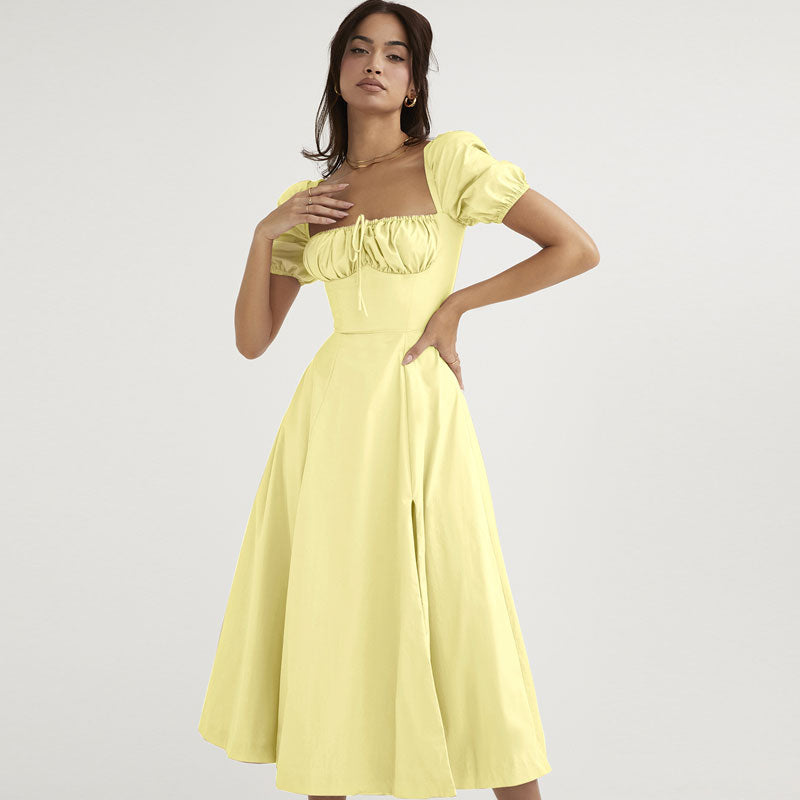 Robe d'été mi-longue à manches bouffantes et à épaules dénudées - Jaune