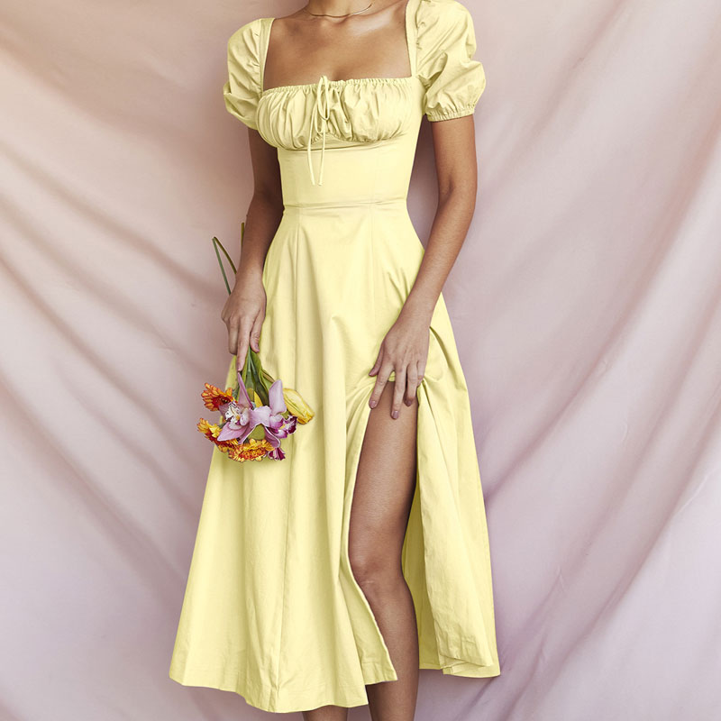 Schulterfreies Midi-Sommerkleid mit Puffärmeln und Bindeband vorne und hohem Schlitz - Gelb