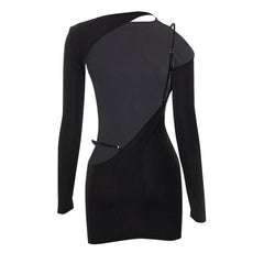 Ribbed Cut Out Long Sleeve Backless Bodycon Party Mini Dress - Black