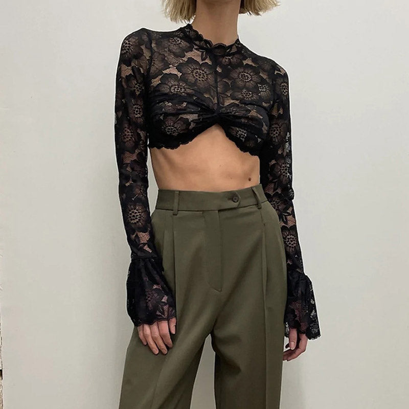 Ruched Mock Neck Flared Sleeve Flower Sheer Lace Crop Top - Black