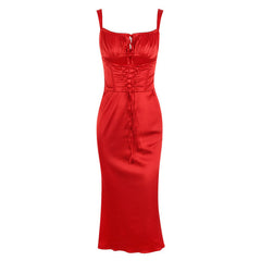 Robe mi-longue de soirée en satin avec corset froncé et lacets - Rouge