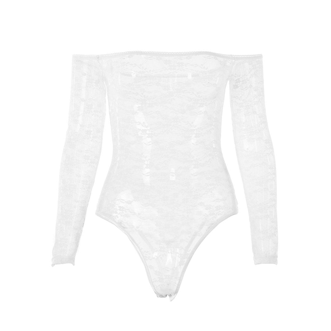 Transparenter Spitzen-Blumen-Langarm-Schulterfreier Bodysuit - Weiß