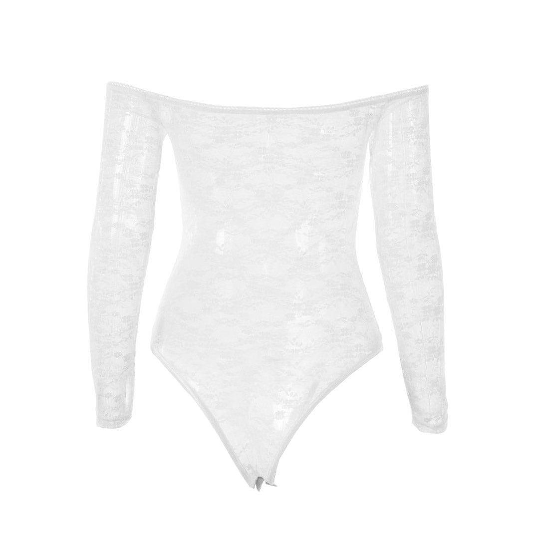 Transparenter Spitzen-Blumen-Langarm-Schulterfreier Bodysuit - Weiß