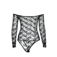 Schulterfreier Bodysuit Mit Langen Ärmeln Und Blumenmuster Aus Transparenter Spitze - Schwarz