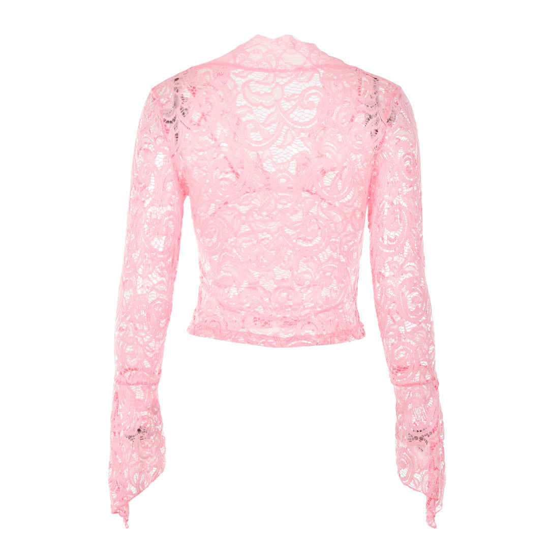 Sheer Scalloped V Neck Flared Sleeve Lace Crop Top - Pink