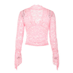 Transparentes Crop Top mit gewelltem V-Ausschnitt und ausgestellten Ärmeln aus Spitze - Rosa