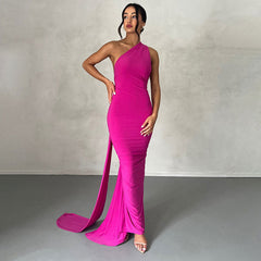 Einfarbiges, Einschultriges, Gerafftes Rückenfreies Maxi-Abendkleid - Pink