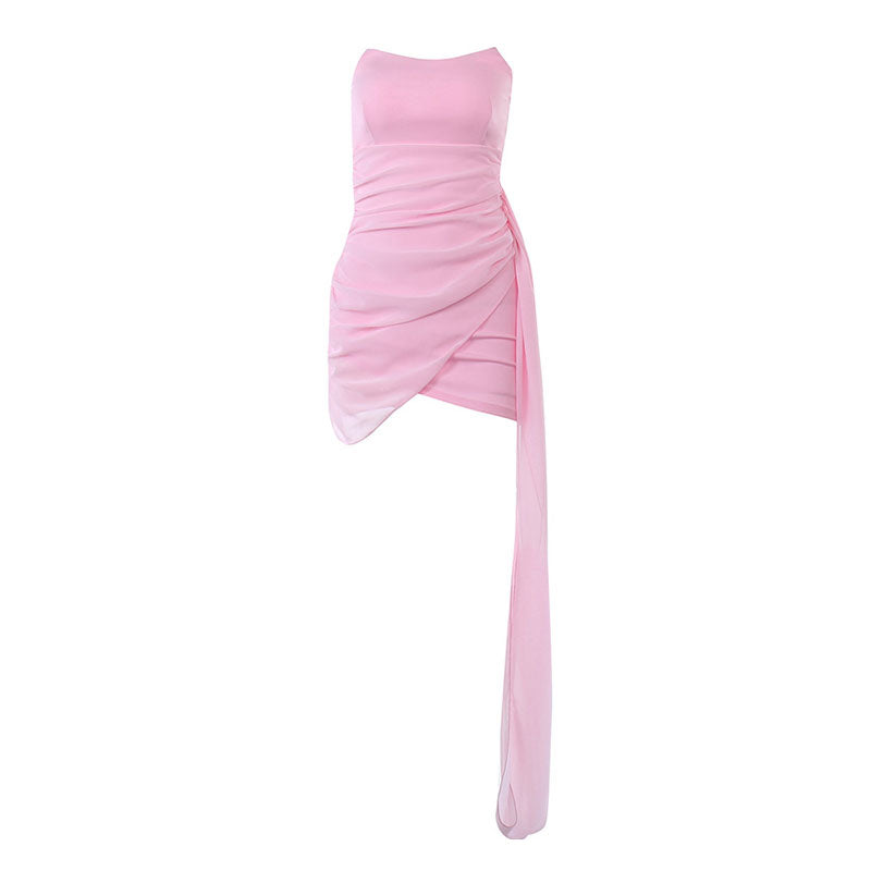 Einfarbiges, gerüschtes, trägerloses, figurbetontes Party-Minikleid mit Wickelbesatz - Rosa