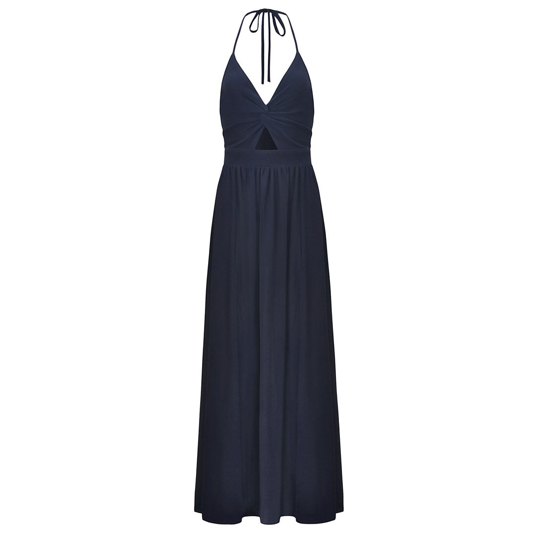 Maxikleid mit tiefem Rückenausschnitt, V-Ausschnitt und Neckholder, Marineblau