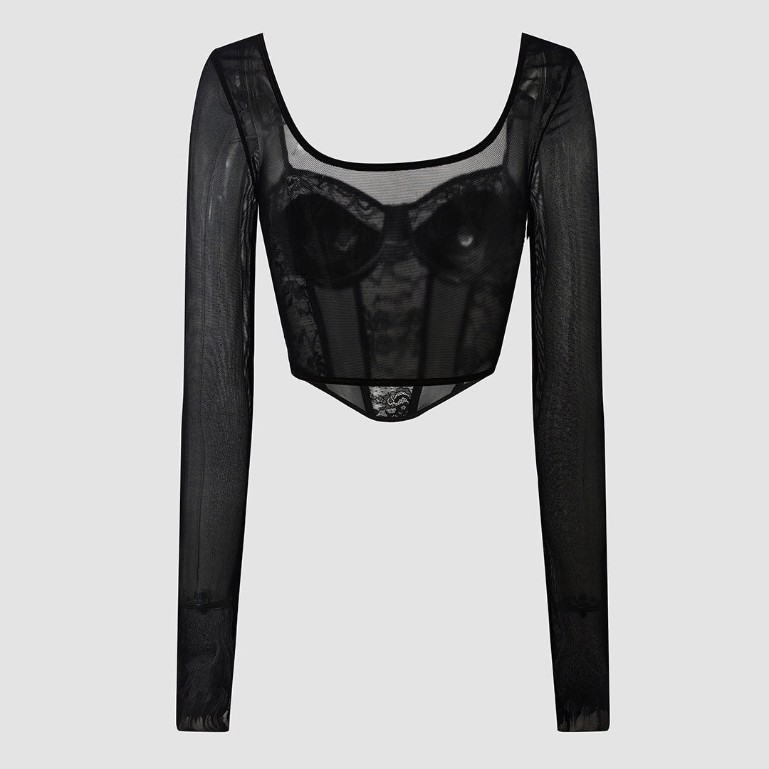 Sweetheart Langarm Blumenspitze Transparent Mesh Korsett - Schwarz