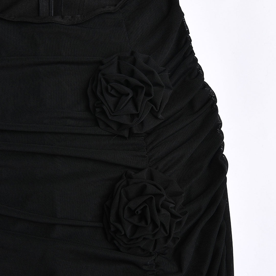 Robe longue sans bretelles à découpes et bordures florales en maille transparente - Noir