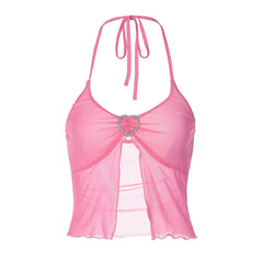 Haut court dos nu en maille transparente avec détail fendu en forme de cœur et cristaux - Rose