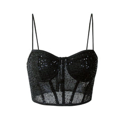 Haut corset court en dentelle transparente à sequins et décolleté en cœur scintillant - Noir