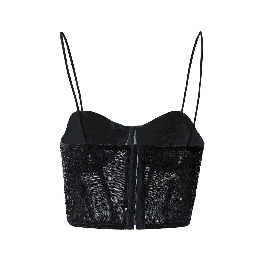 Haut corset court en dentelle transparente à sequins et décolleté en cœur scintillant - Noir