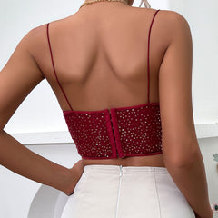 Schimmerndes Sweetheart Camisole-Crop-Korsett-Top mit transparenter Paillettenspitze - Burgunderrot