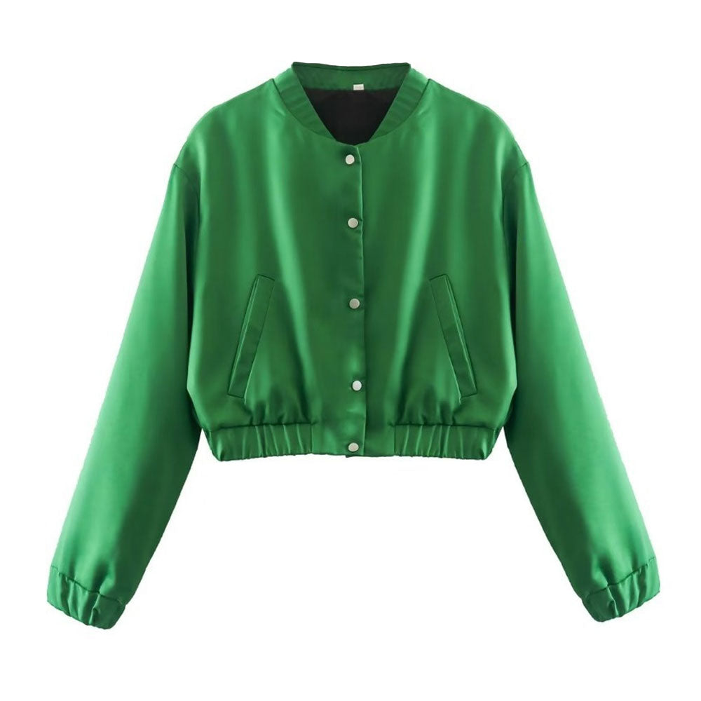 Veste aviateur boutonnée à manches longues et col montant scintillante - Vert émeraude