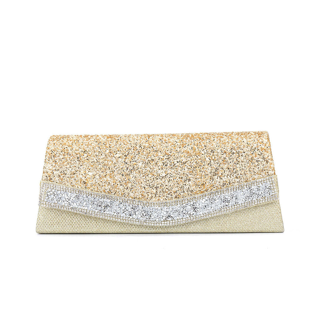 Schimmernde, mit Strass verzierte, strukturierte Clutch mit Klappe - Gold