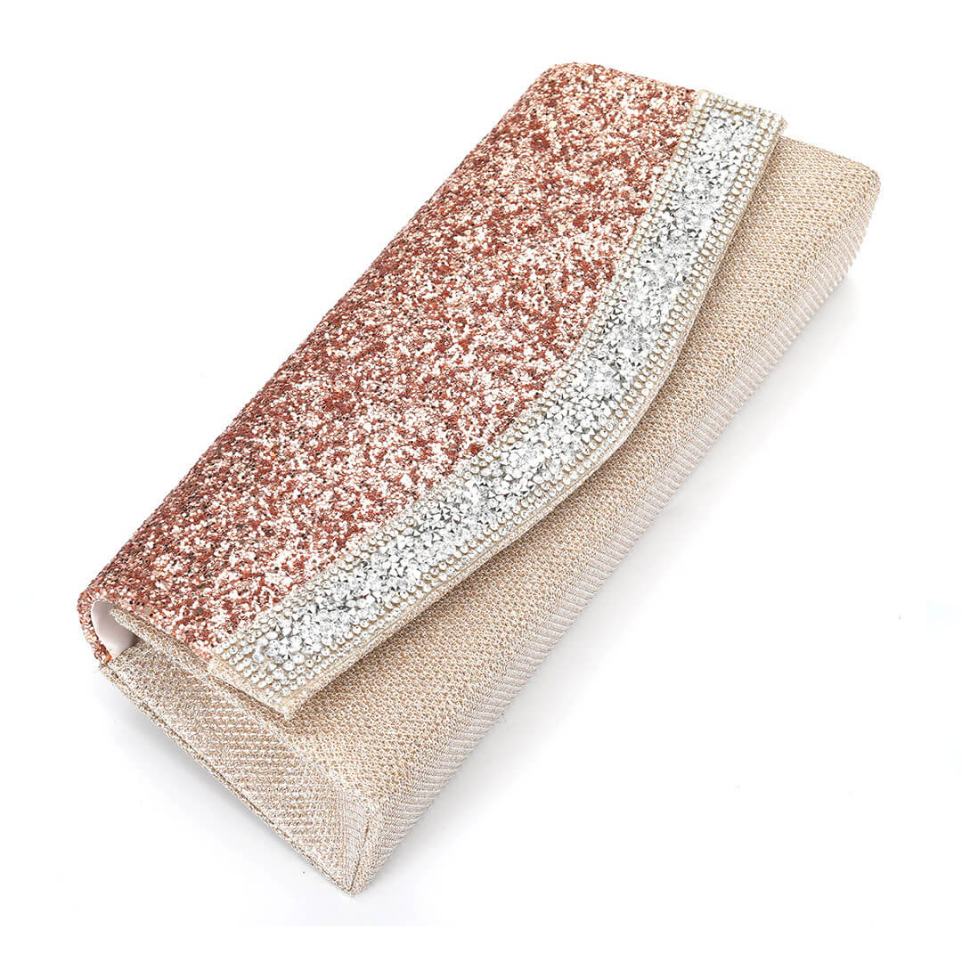 Shimmery Rhinestone Embellished Textured Flap Clutch Evening Bag - Pink