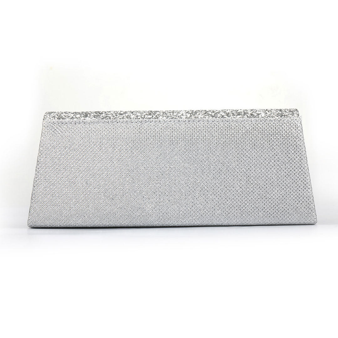 Shimmery Rhinestone Embellished Textured Flap Clutch Evening Bag - Silver